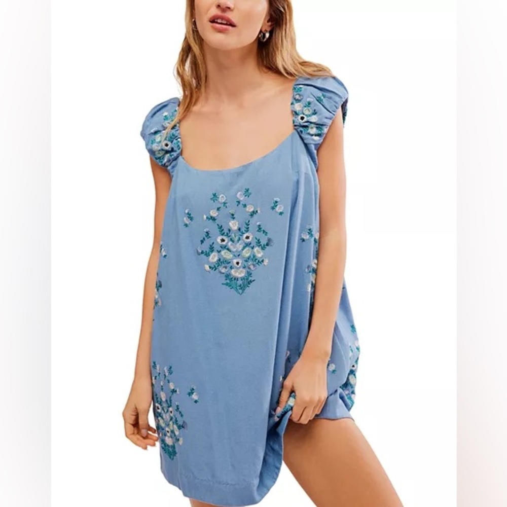 Free People Wildflower Embroidered Mini Dress XL Blue Floal